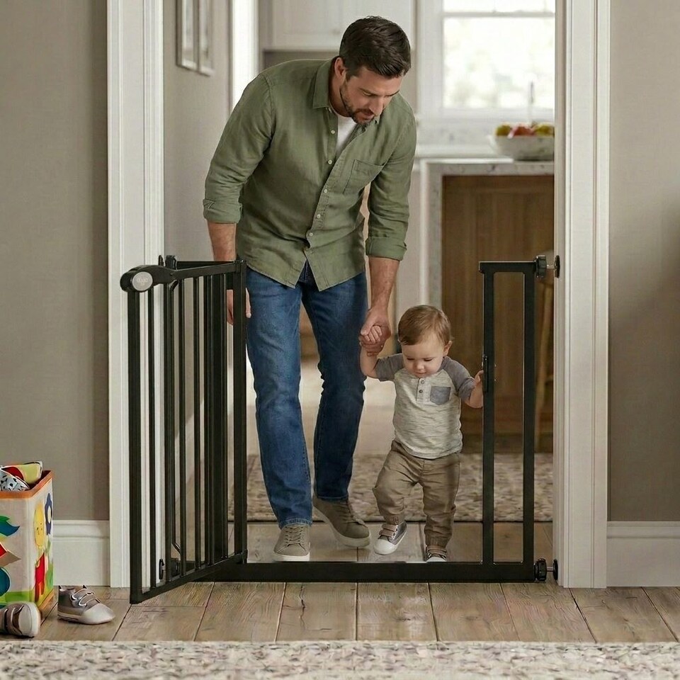 image 1 of Bettacare Auto Close Stair Gate, 118.2cm - 125.2cm, Matt Black, Pressure Fit Safety Gate, Baby Gate, Safety Barrier for Doors Hallways and Spaces, Easy Installation