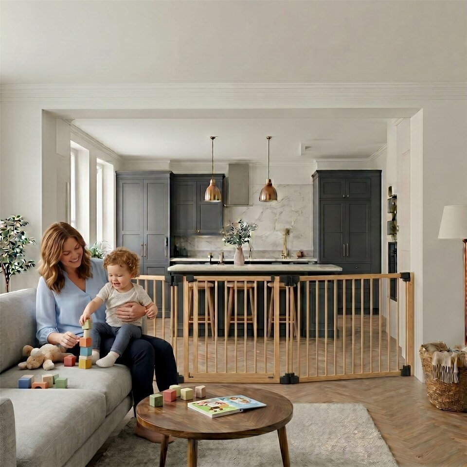 image 1 of Safetots Wooden Multi Panel Room Divider, up to 416cm, Natural Wood, 76cm Tall, Flexible Room Divider for Baby and Toddler | Cream | Natural