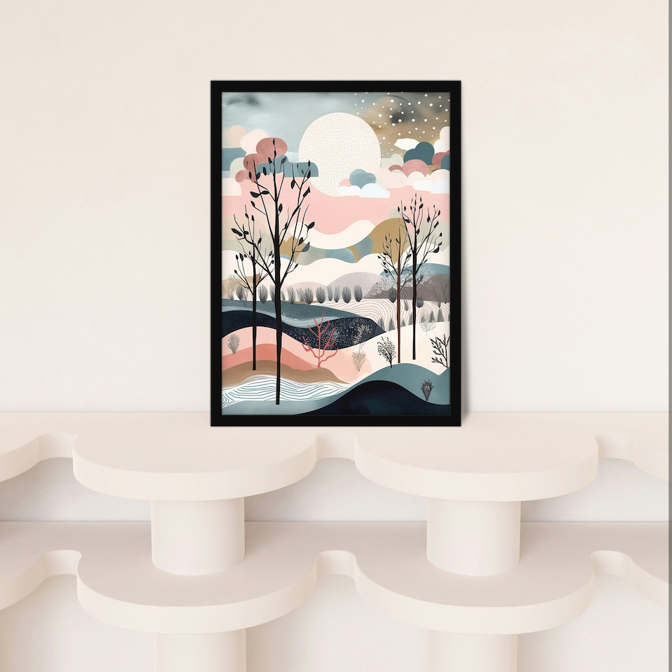 image 1 of Winter Countryside Landscape Boho Pink Black Framed Wall Art Print A4