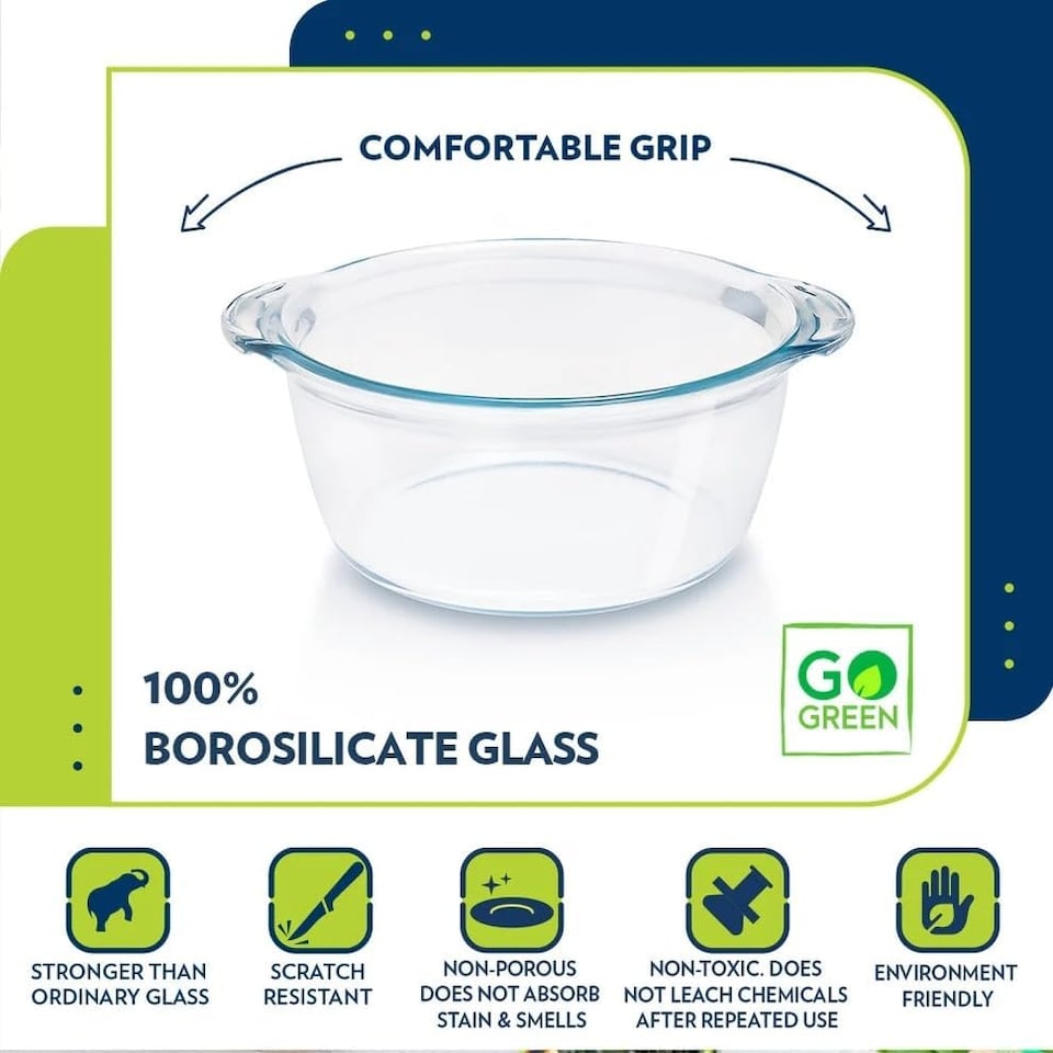 image 1 of Borosil Deep Round Glass Casserole with Lid (1.2 Litre), Transparent, Oven & Microwave Safe Serving Bowl