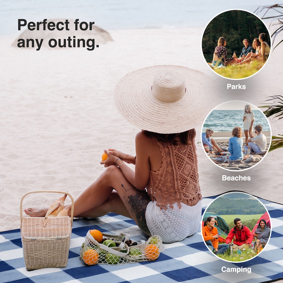 image 1 of VonShef Picnic Blanket Large Navy & White Tartan for Outdoor