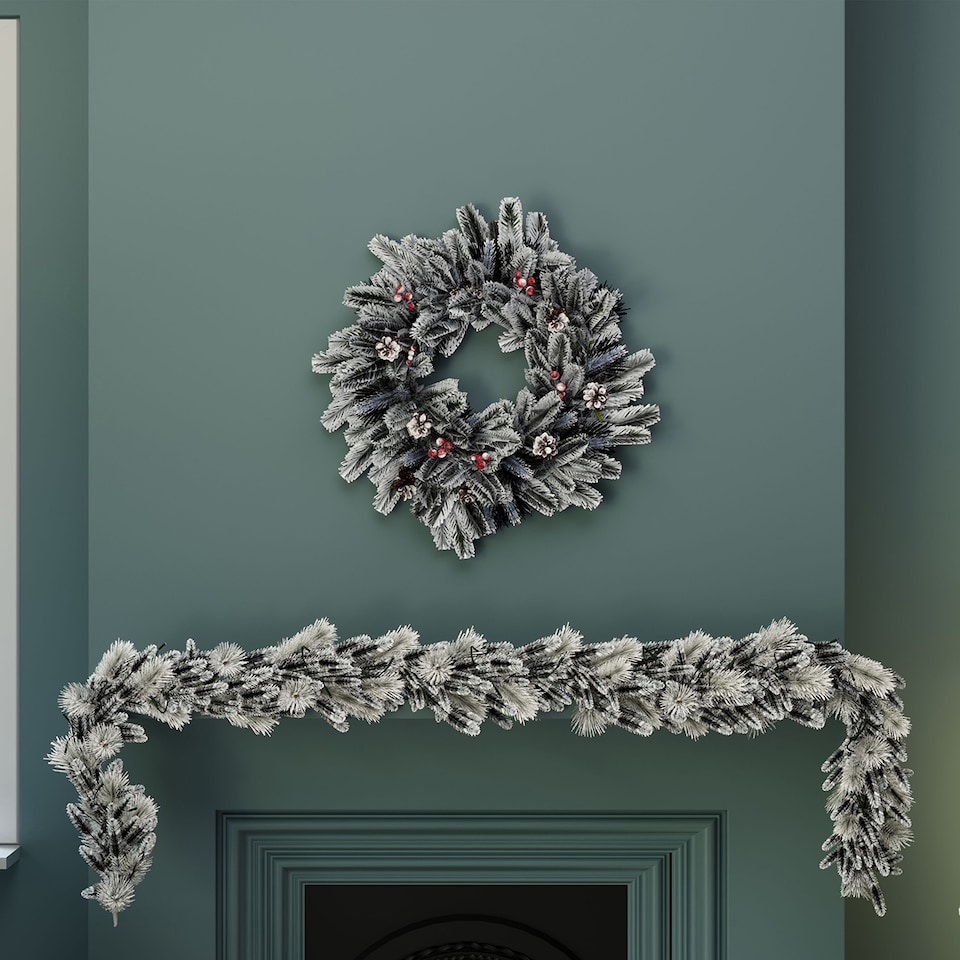image 1 of Charles Bentley Indoor Outdoor 60cm Pre-Lit Red Berry & Pinecone Snowy Wreath