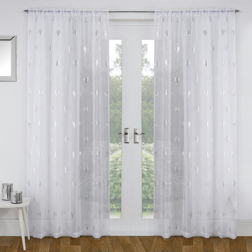 image 1 of Pair of Birch White Metallic Tree Print Voile Panels 229 cm (90 inch) Rod Pocket Panels for Bedroom and Living Room