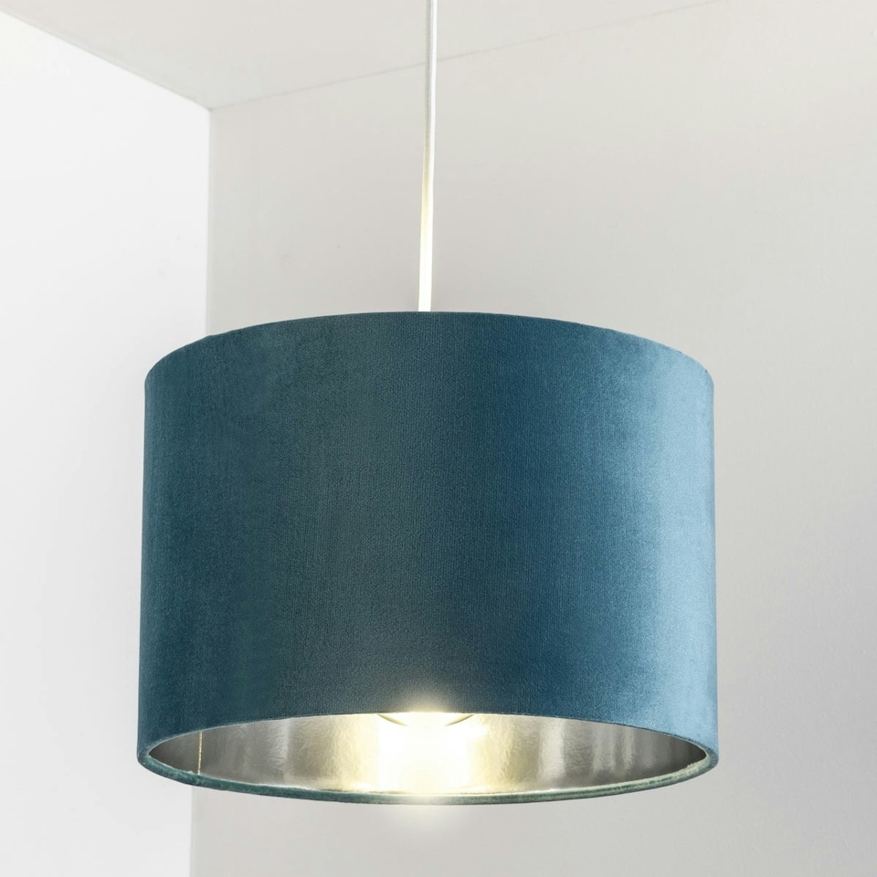 image 1 of CGC NILA Luxury Teal Velvet & Silver Round Pendant Drum Lamp Shade Blue