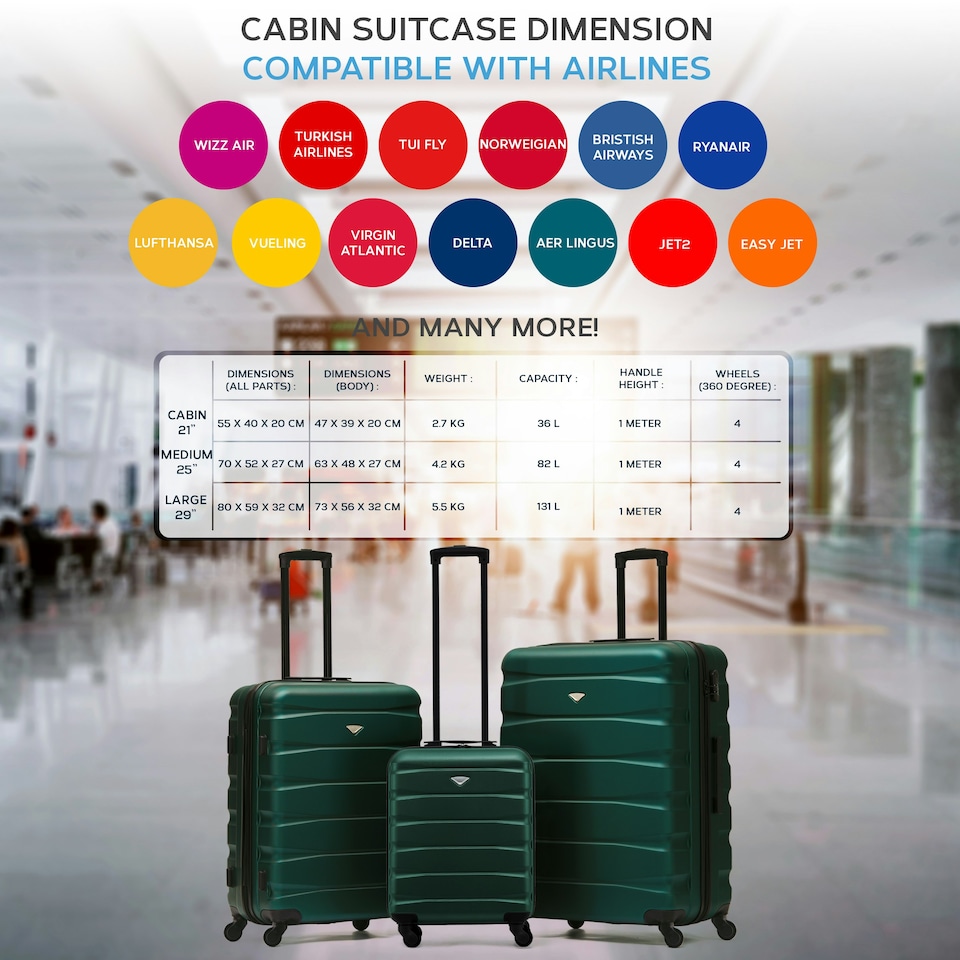 image 1 of Flight Knight Suitcase Set, Large Suitcase, Extra Large Suitcase, Cabin Suitcase 55x40x20cm - 60+ Airlines Approved - EasyJet, Jet2, Ryanair Priority Carry On Green | Forest Green/Black  | Large