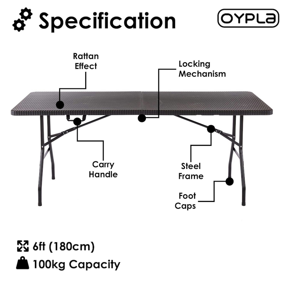 image 1 of Oypla 6ft Folding Rattan Trestle Table Heavy Duty Catering Garden Party 1.8m Black