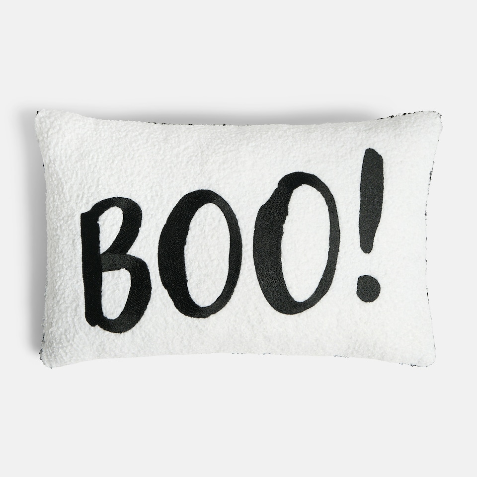 image 1 of OHS Autumnal Halloween Gonk Pumpkin Ghost Ghoul Boo Matte Velvet Boucle Filled Decor Scatter Bed Chair Sofa Cushions Multi | Mono Boo Slogan | 30 x 50cm