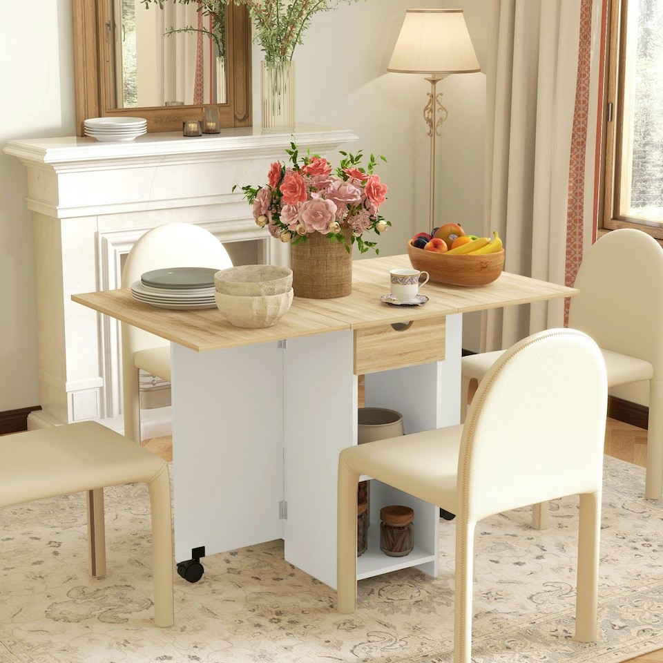 image 1 of HOMCOM Foldable Dining Table, Drop Leaf Table with Storage for Kitchen, Oak Brown
