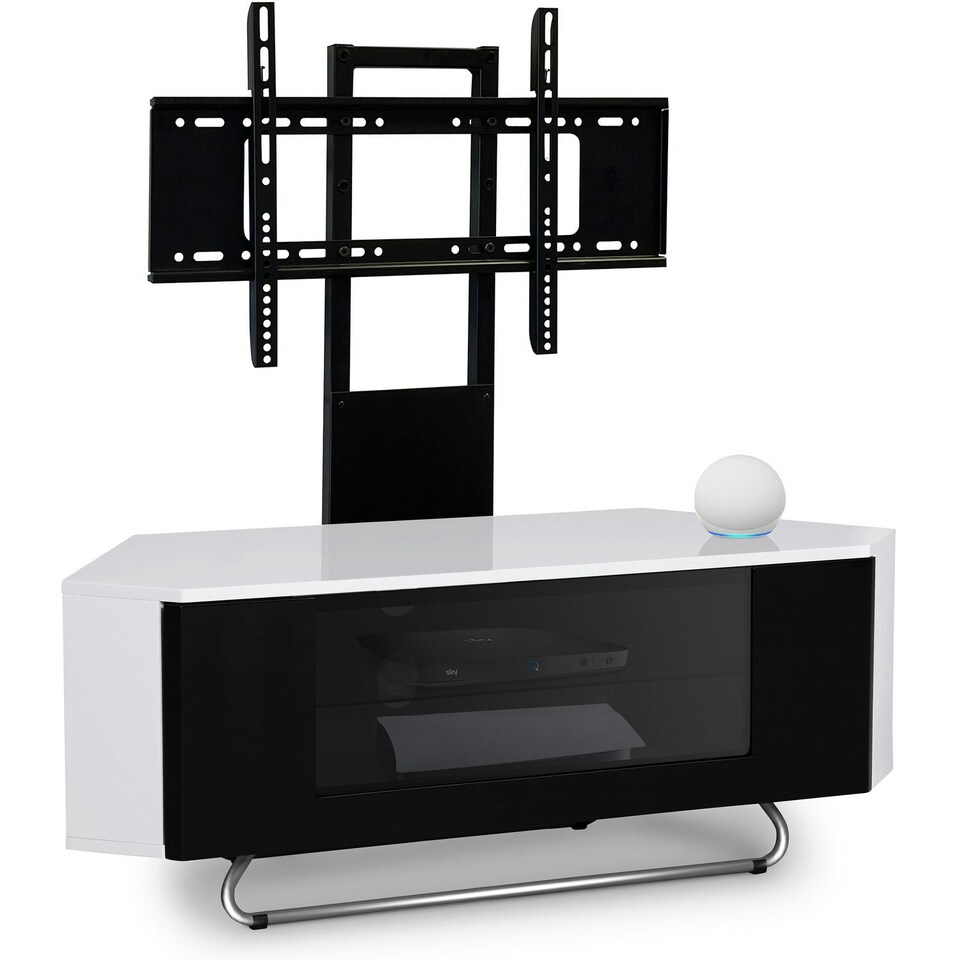 image 1 of Centurion Supports Hampshire Corner-Friendly Gloss White with Black Contrast Beam-Thru Remote Friendly Door 26"-50" Flat Screen TV Cabinet with Mounting Arm White