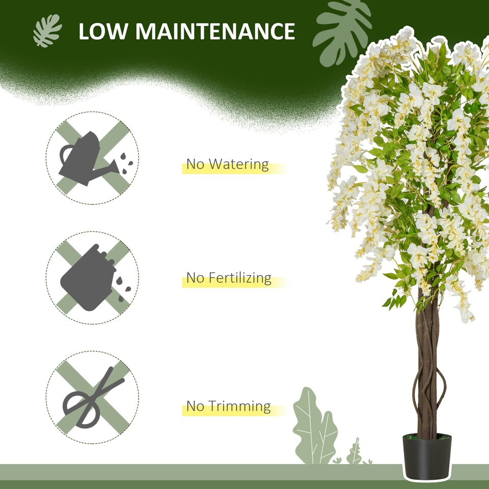 image 1 of HOMCOM Artificial Realistic White Wisteria Tree Faux Plant for Indoor Décor