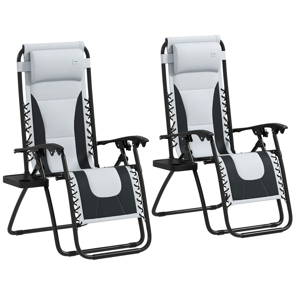 image 1 of Outsunny 2 Pcs Zero Gravity Lounger Folding Recliner Chair Cup Holder Grey