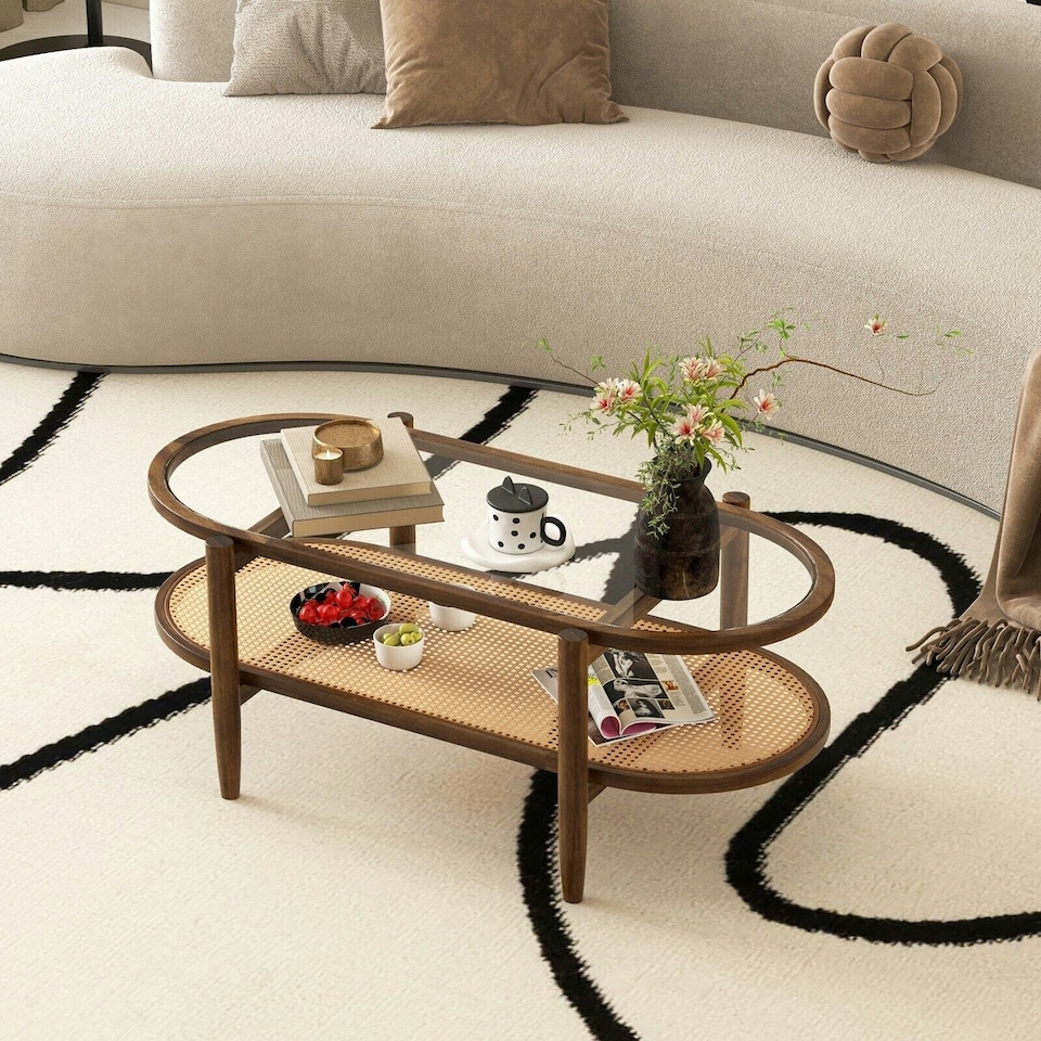 image 1 of COSTWAY 2-Tier Coffee Table Rattan Center Cocktail Tea Table Brown