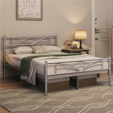 Yaheetech Metal Platform Bed Frame with Cloud-inspired Design Headboard Antique Silver, 4ft6 Double