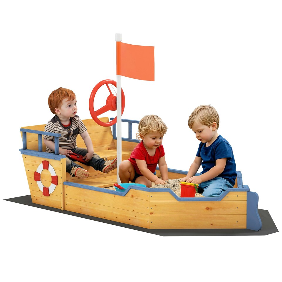 image 1 of Outsunny Kids Wooden Sandbox Pirate Ship Sandboat w/ Bench Seat Storage Space