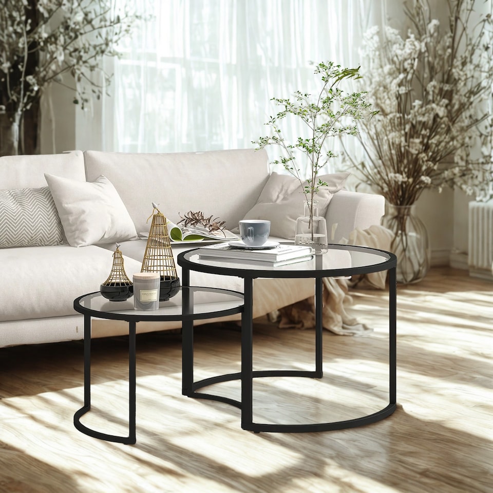 image 1 of Set Of 2 Round Black Nesting Tables With Tempered Glass Top