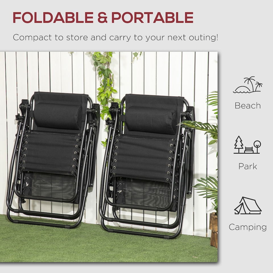 image 1 of Outsunny Garden Recliner Chairs Set of 2, Outdoor Foldable Zero Gravity Chairs Set with Footstool and Detachable Headrest, Black