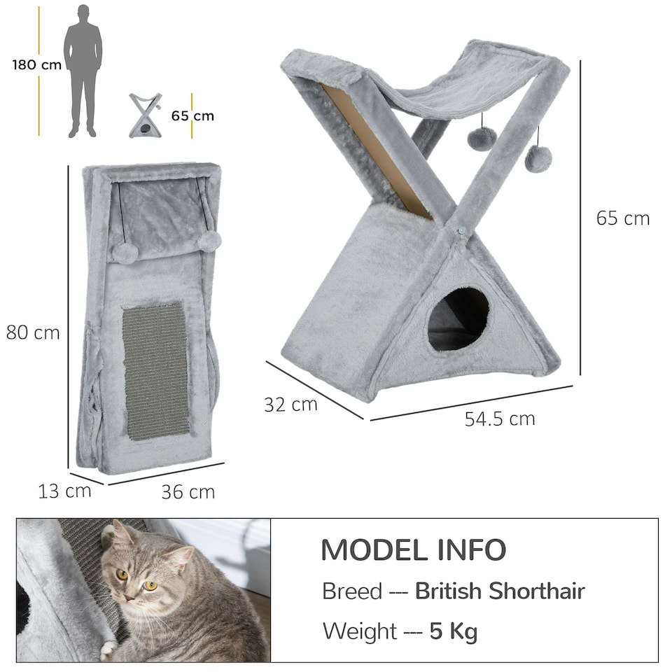 image 1 of PawHut Two Tier Plush Folding Cat Tree Tower with Scratching Post Grey