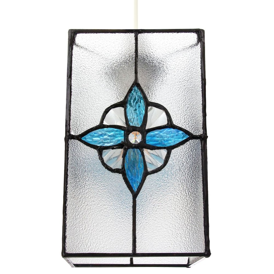 image 1 of Traditional Clear Glass Tiffany Style Pendant Light Shade with Teal Panels | Blue | Teal | 1