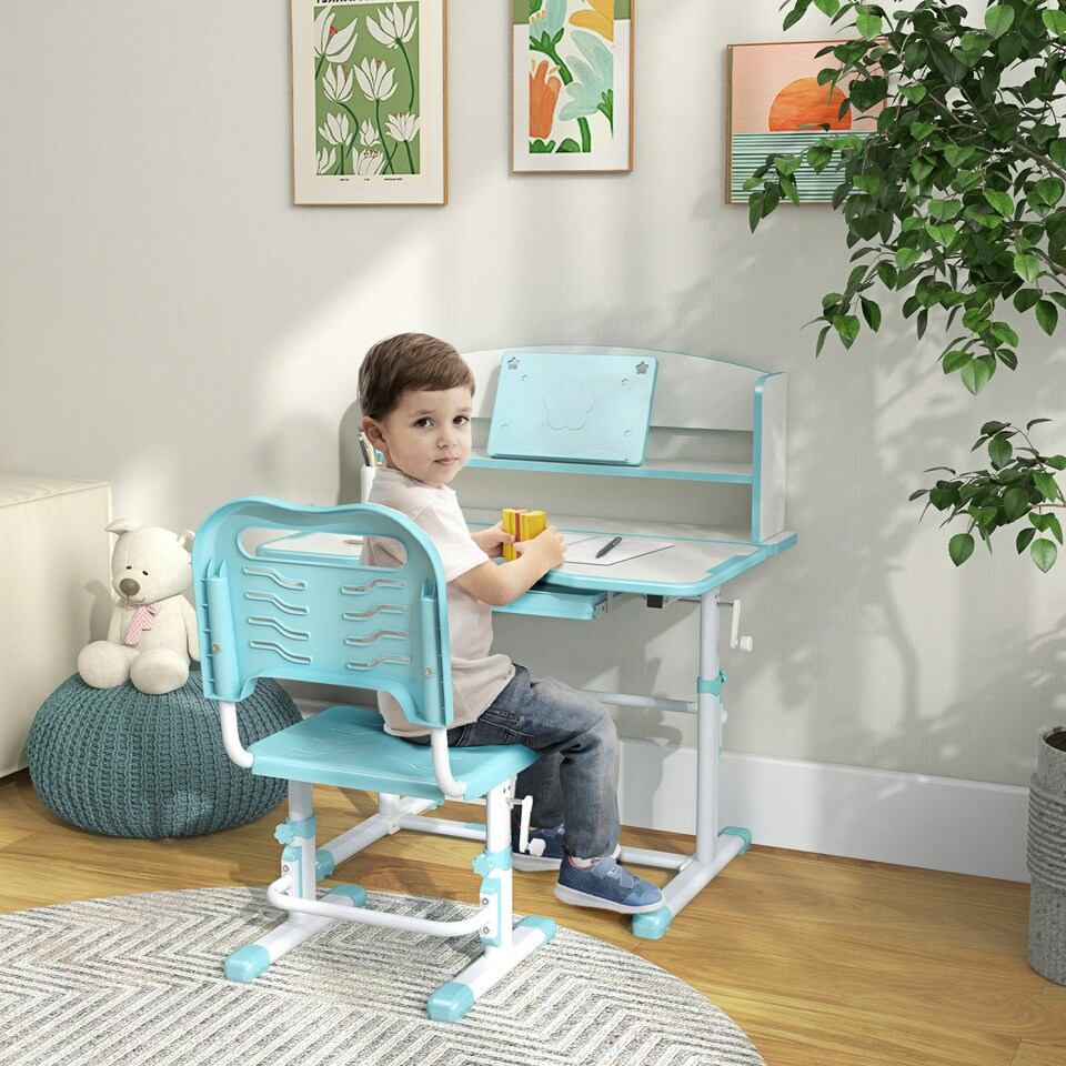 image 1 of ZONEKIZ Height Adjustable Kids Desk and Chair Set, with Drawer, Bookshelf, Blue Blue