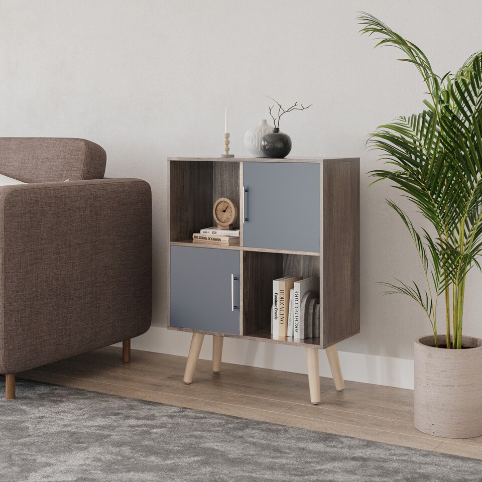 image 1 of Anthracite Oak 4-Cube Storage Unit with 2 Metal Handle Doors and Legs | Grey | Grey & Pine | 1