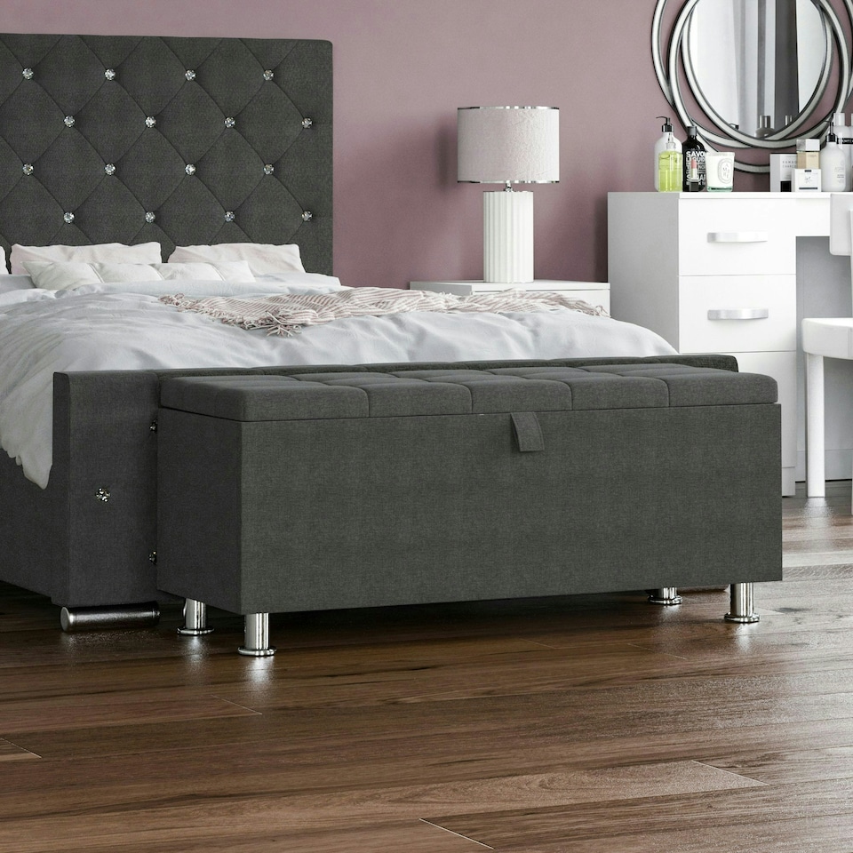 image 1 of Vida Designs Valencia Storage Ottoman Bedroom Hallway Chest Bench, Dark Grey Linen Grey | Dark Grey Linen