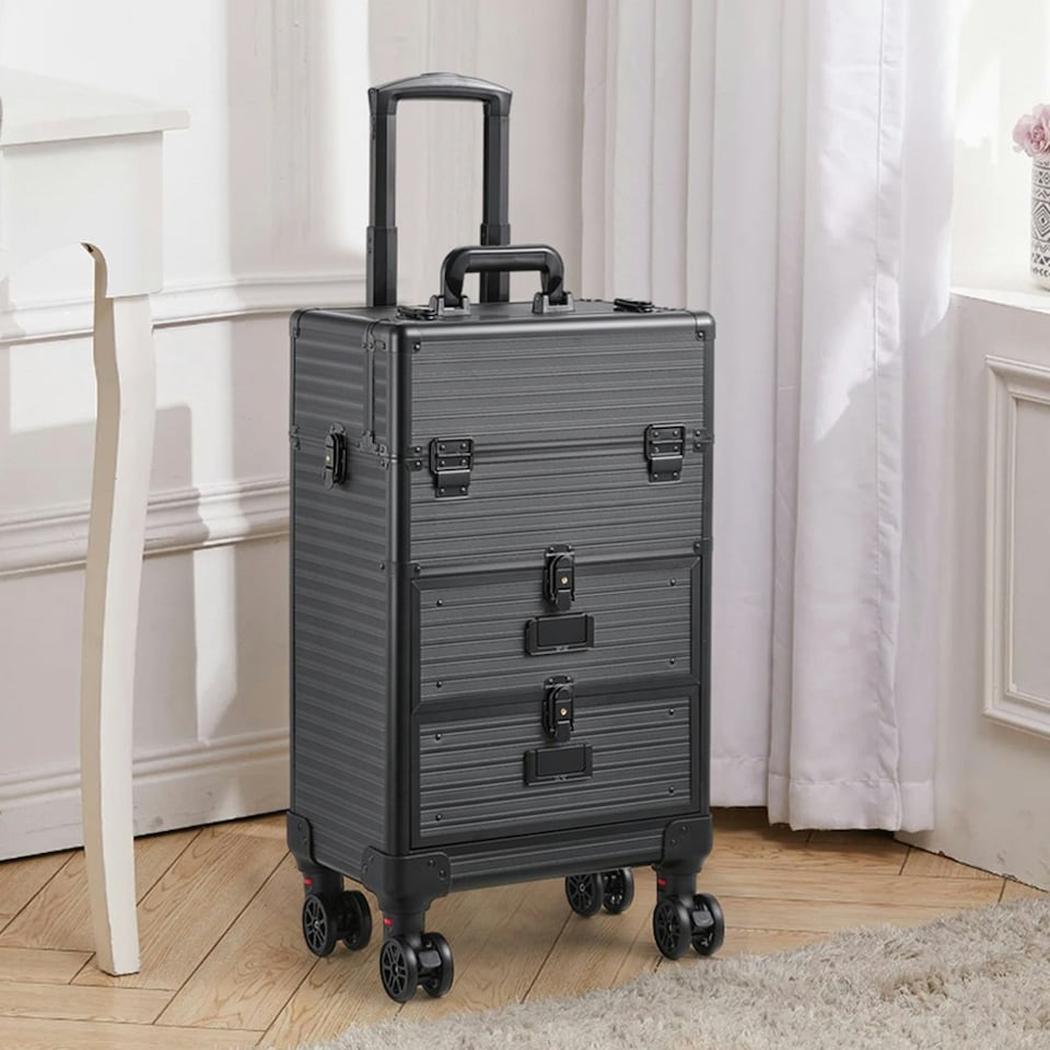 image 1 of Living and Home 3-in-1 Cosmetic Trolley Case with Drawers & Wheels - Black | Black