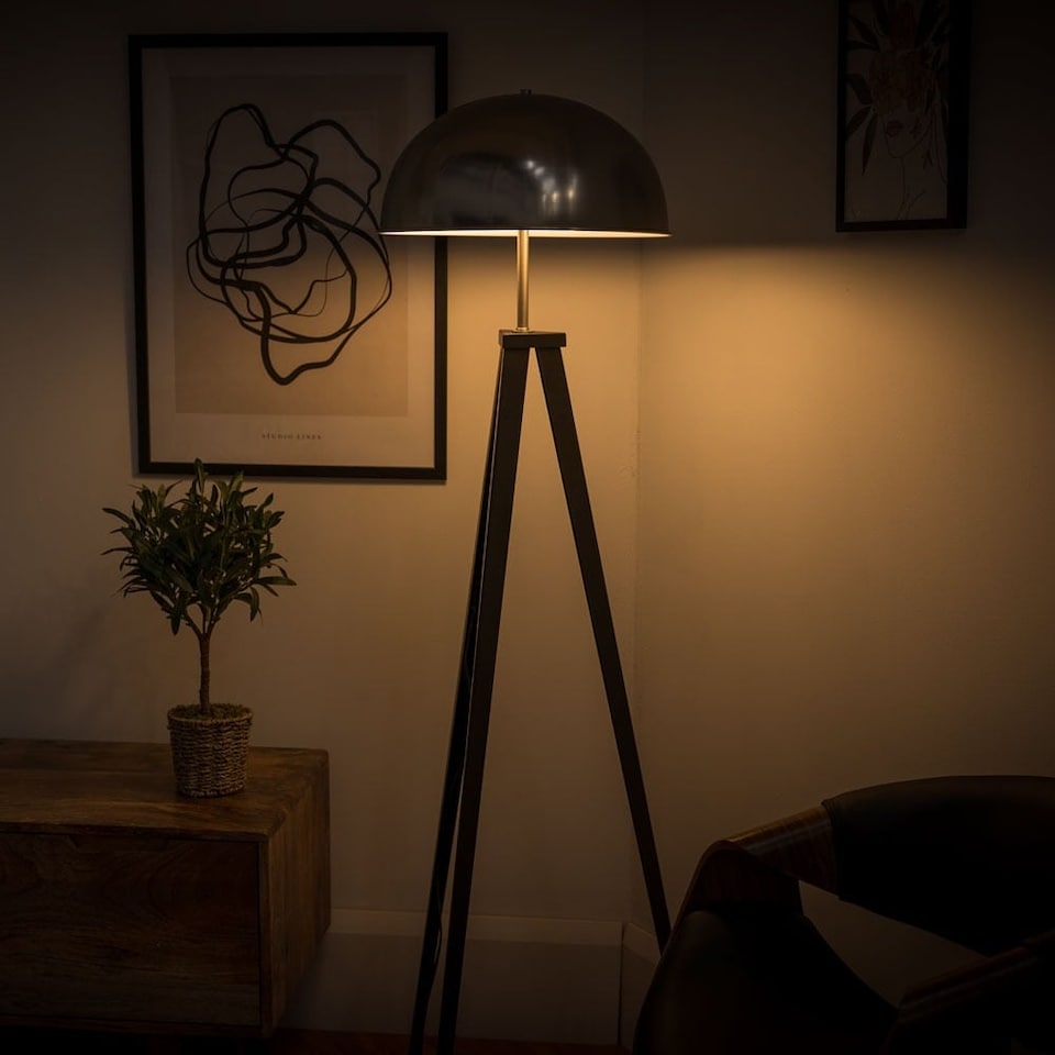 image 1 of ValueLights Black Metal Tripod Standing Floor Lamp With Silver Brushed Chrome Dome Shade