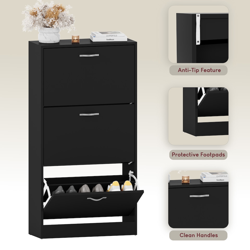 image 1 of Vida Designs 3 Drawer Shoe Cabinet Shoe Rack Storage Cupboard, Black