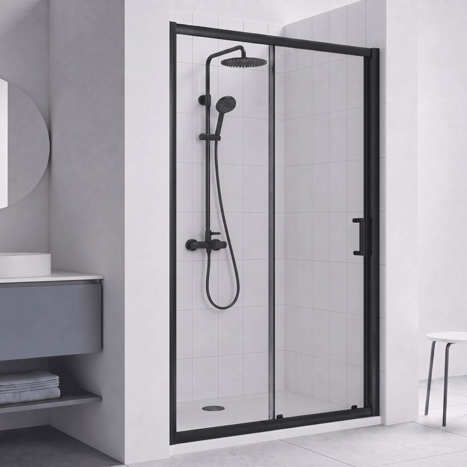 image 1 of Balterley Toughened Safety Glass Reversible Sliding Shower Door | Black | Matt Black | 1