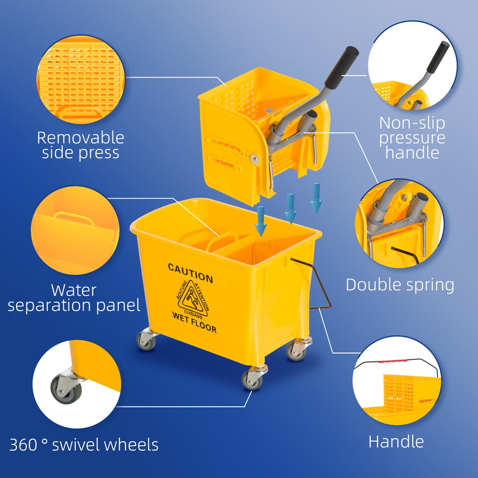 image 1 of HOMCOM 20L Compact Mop Bucket with Wringer and Handle, Mop Bucket on Wheels for Floor Cleaning, Separate Dirty and Clean Water, for Home, Flat, Yellow