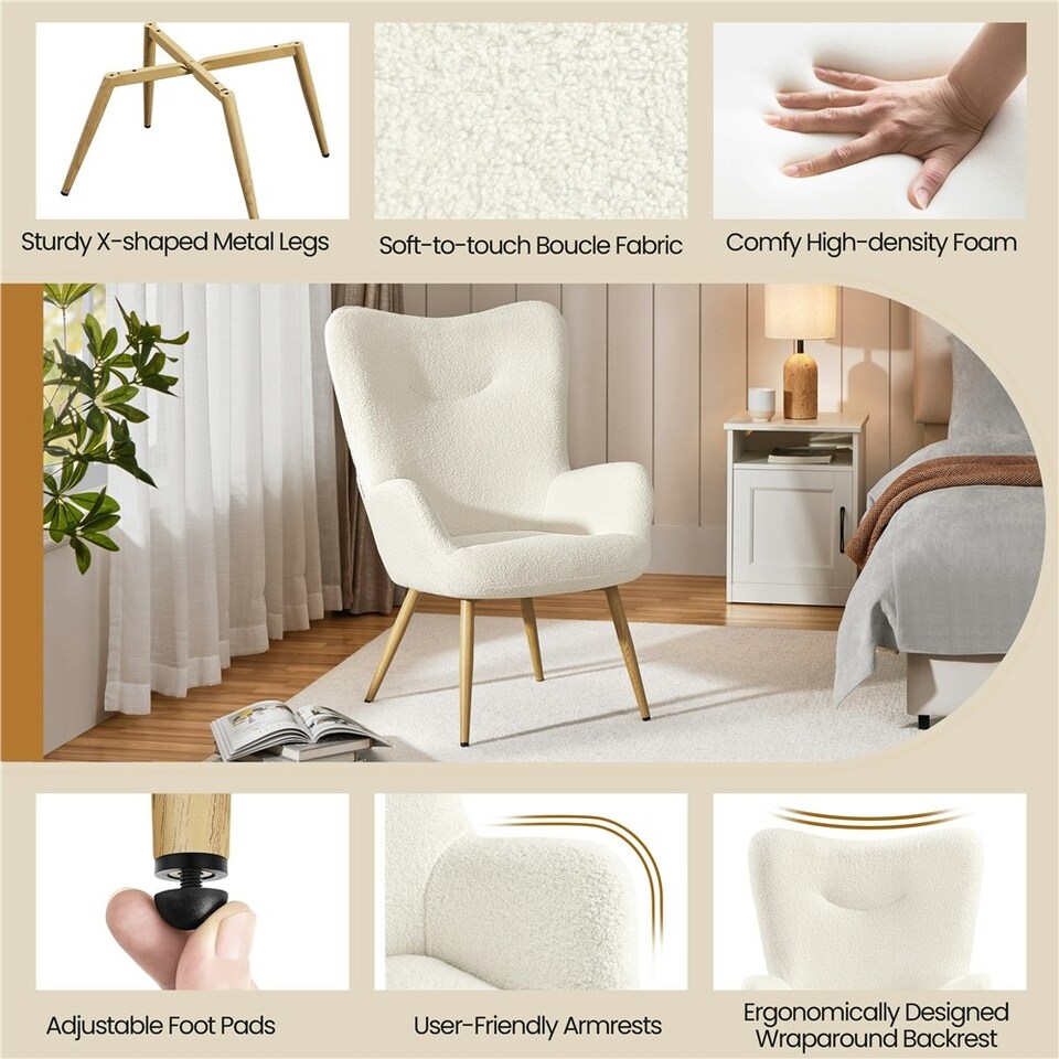 image 1 of Yaheetech Boucle Accent Chair with Wood-tone Metal Legs White | Ivory