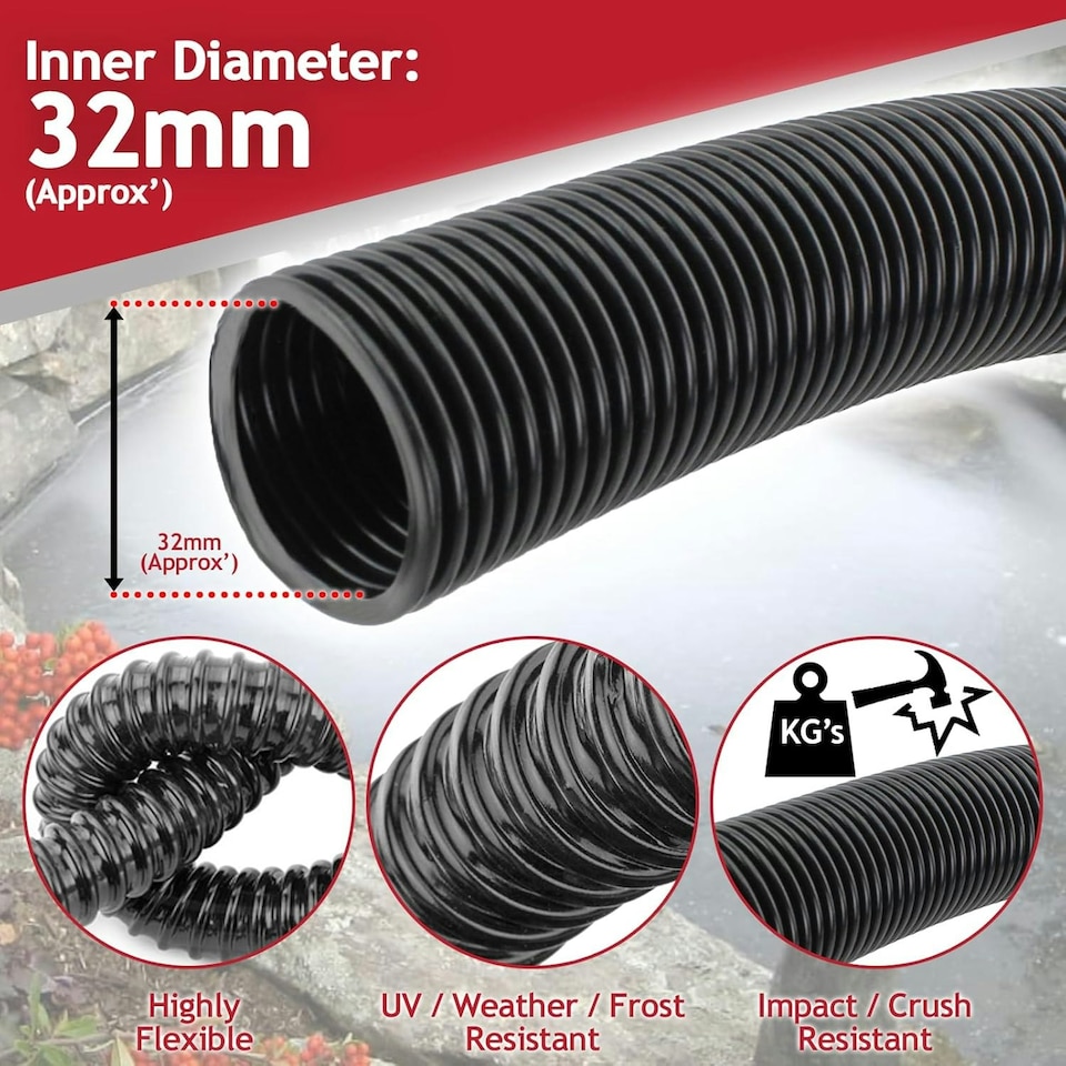 image 1 of SPARES2GO Corrugated Flexible Garden Fish Pond Marine Boat Hose Tube Pipe + 2 Clamp Clips (5m Length x 32mm Diameter) Black