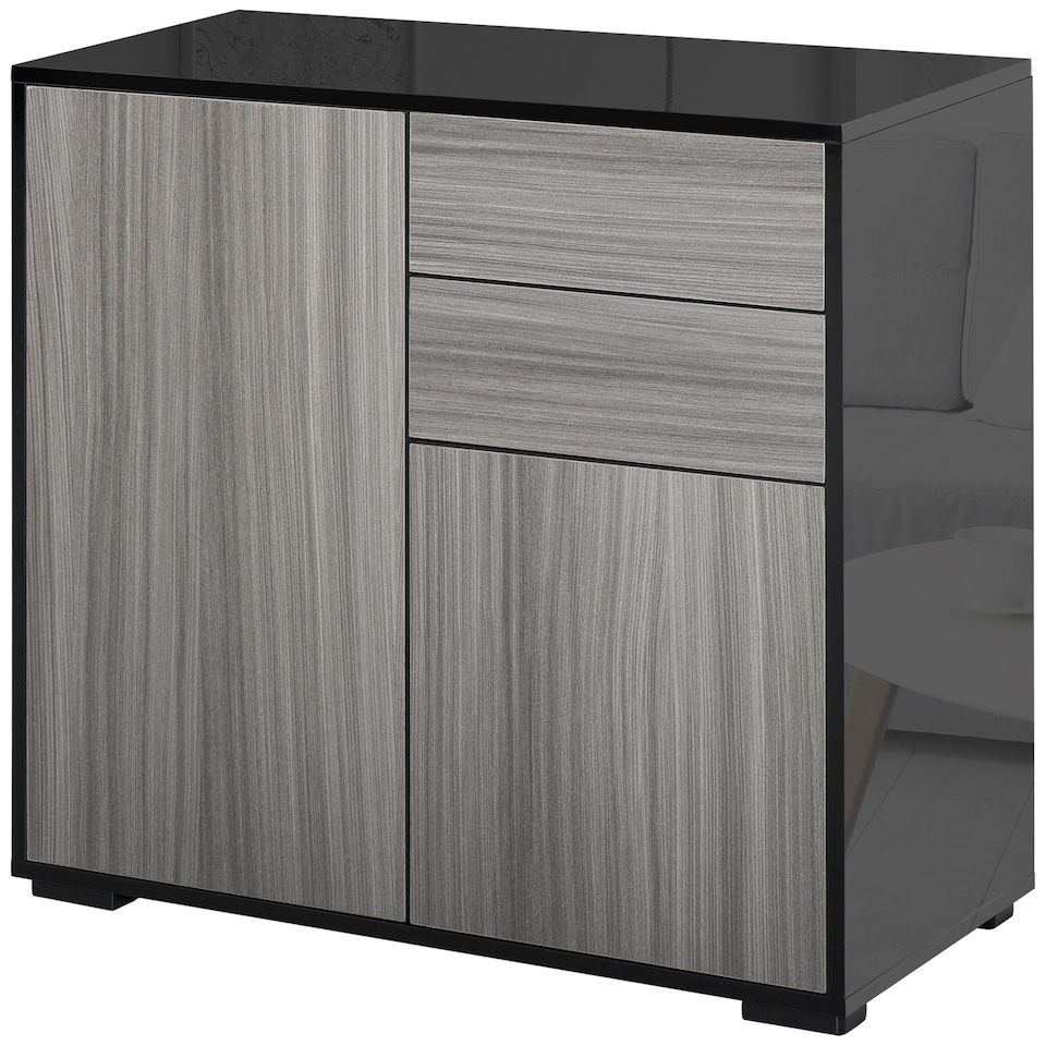 image 1 of HOMCOM High Gloss Frame Sideboard, Side Cabinet, Push-Open Design with 2 Drawer for Living Room, Bedroom, Light Grey and Black