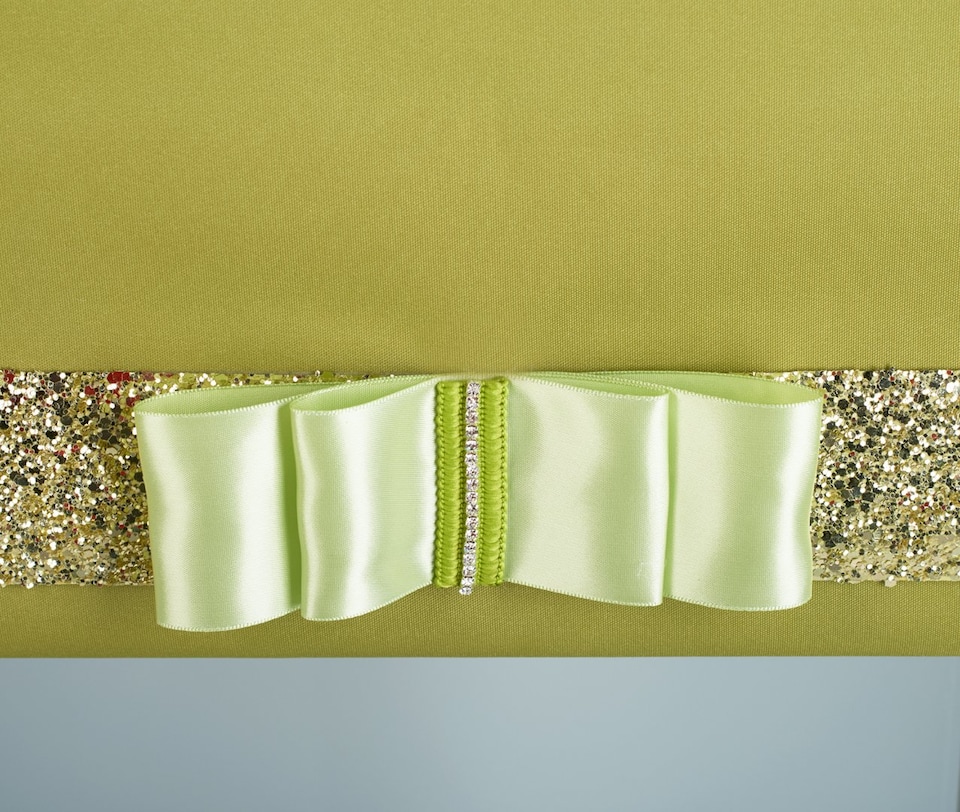 image 1 of FURNISHED Blackout Roller Blind with Gold Glitter Trim and Green Bow Cut to Size | Green | Green | (W) 150cm x (L) 165cm