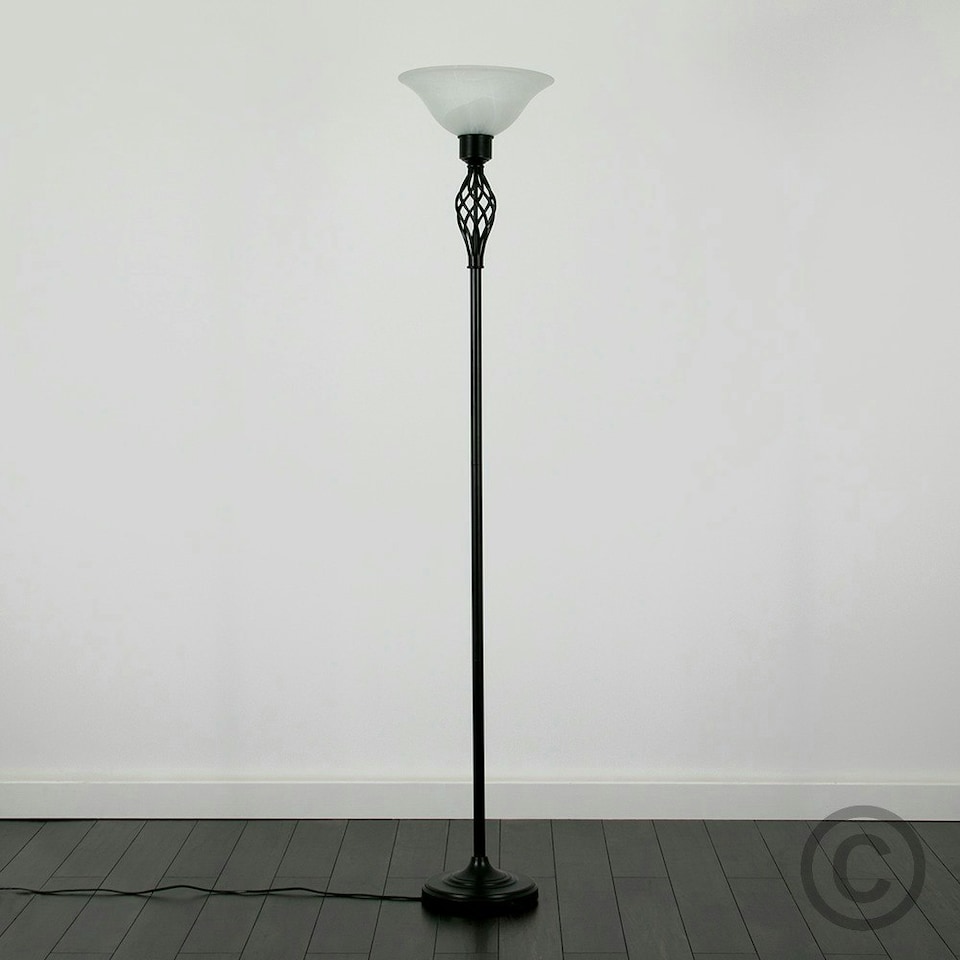 image 1 of ValueLights Traditional Style Satin Black Barley Twist Floor Lamp With Frosted Shade Black