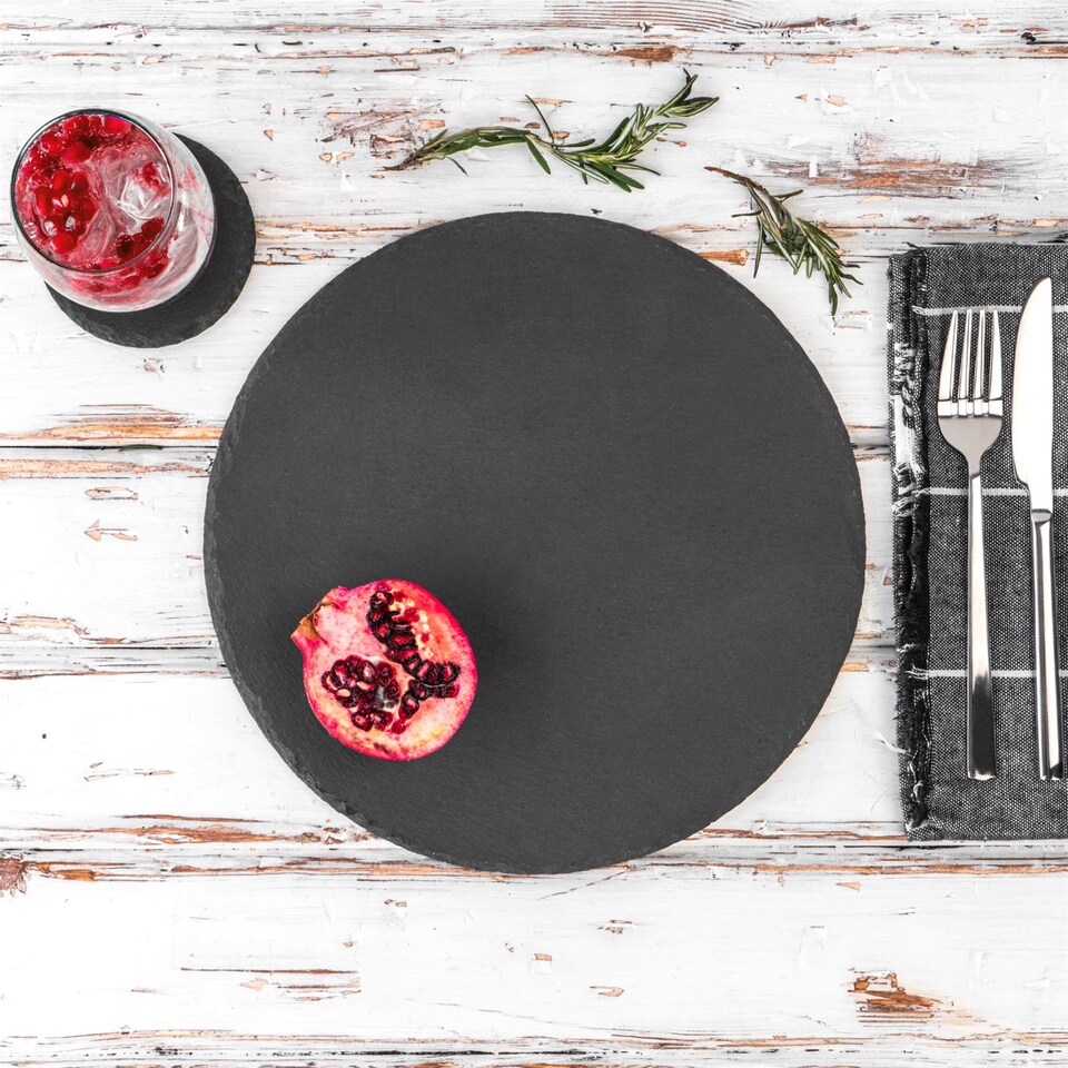 image 1 of Argon Tableware 12pc Slate Placemats & Coasters Set - Round Black Natural Stone Dinnerware Plate Placemats Drink Mats | Grey | Grey | One Size | 12