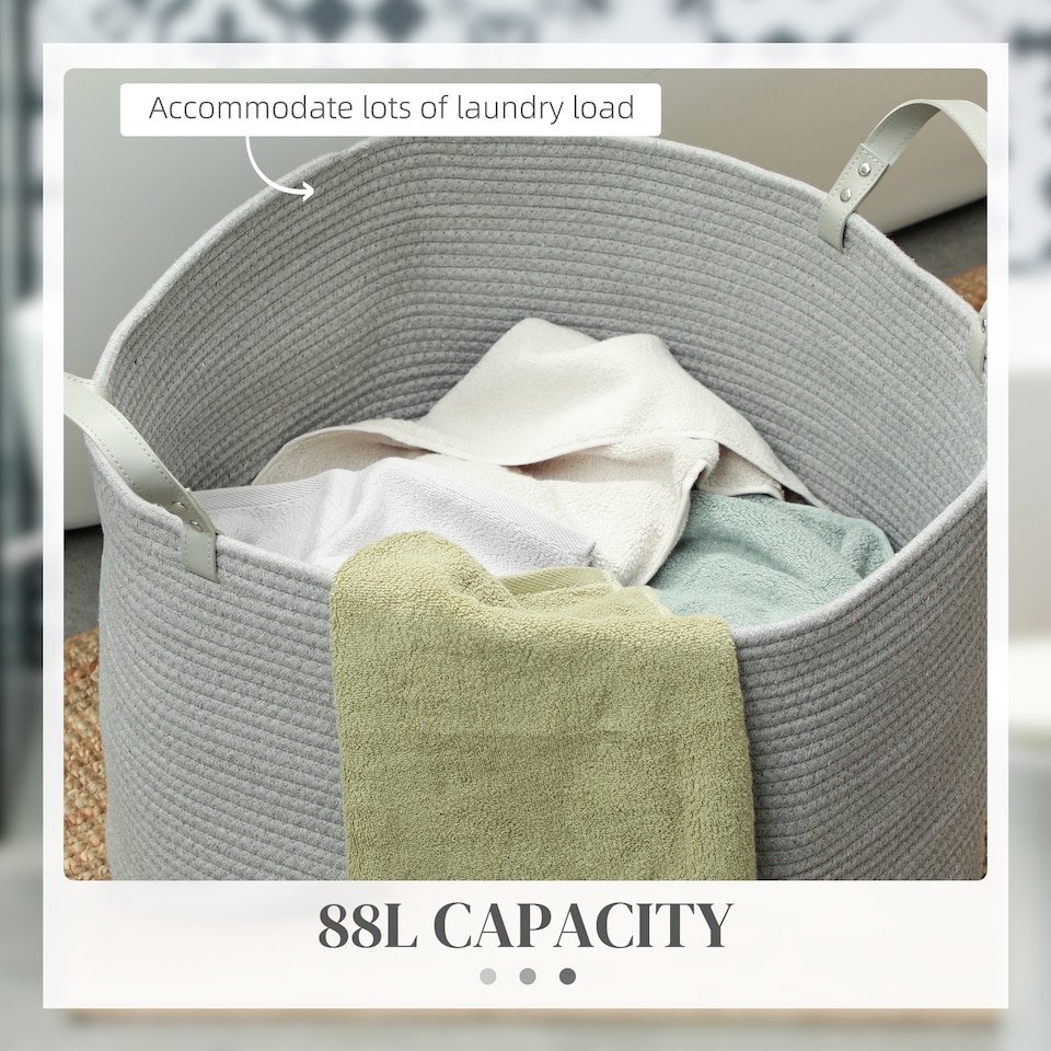 image 1 of HOMCOM 88L Laundry Hamper, Cotton Rope Laundry Basket with Handles, Collapsible Washing Bin, 56 x 35.5cm, Grey
