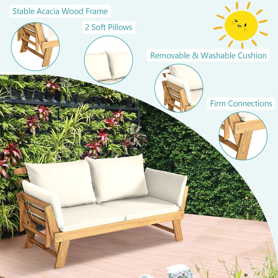 image 1 of COSTWAY Outdoor Daybed Patio Convertible Couch Sofa Bed Adjustable Armrest White