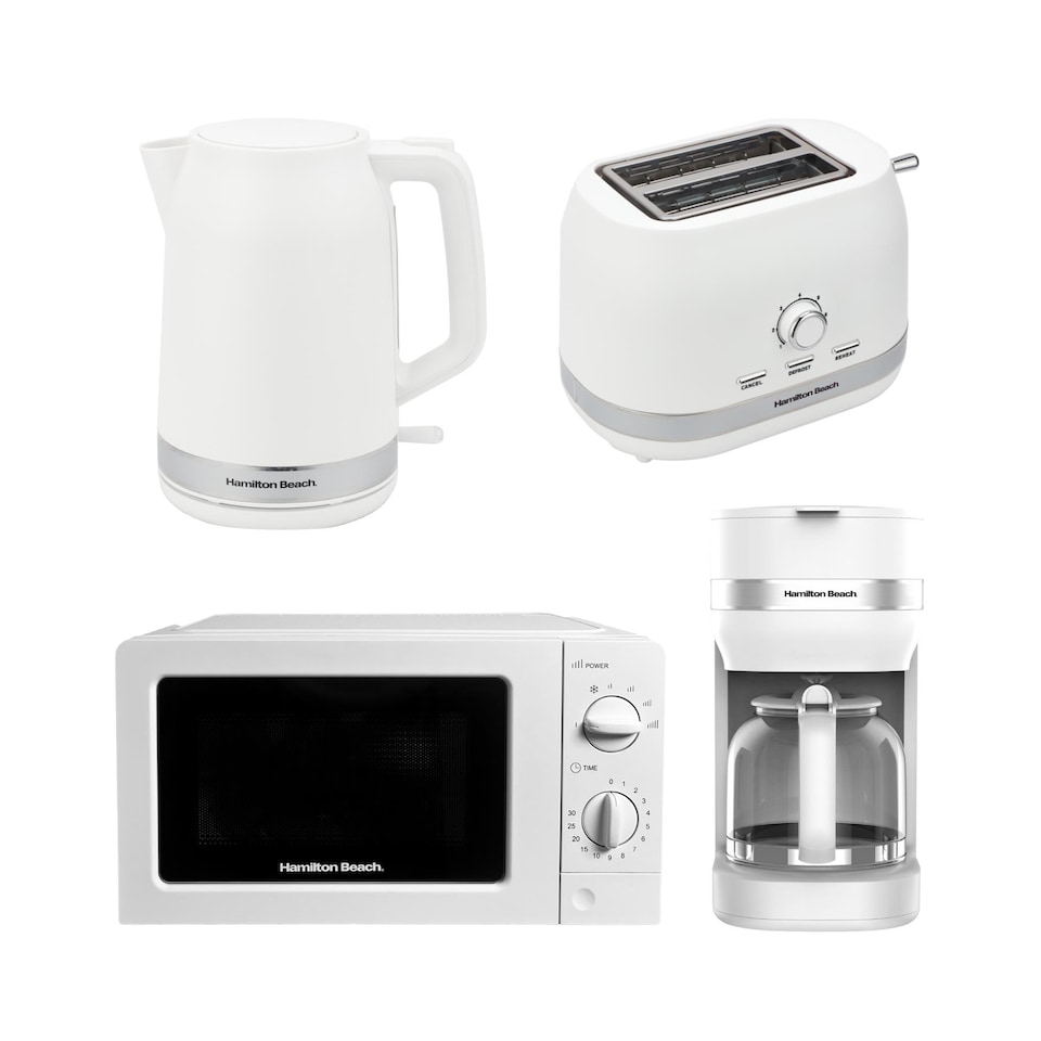 image 1 of Hamilton Beach Ella White Kettle, Toaster, Microwave & Coffee Machine Set