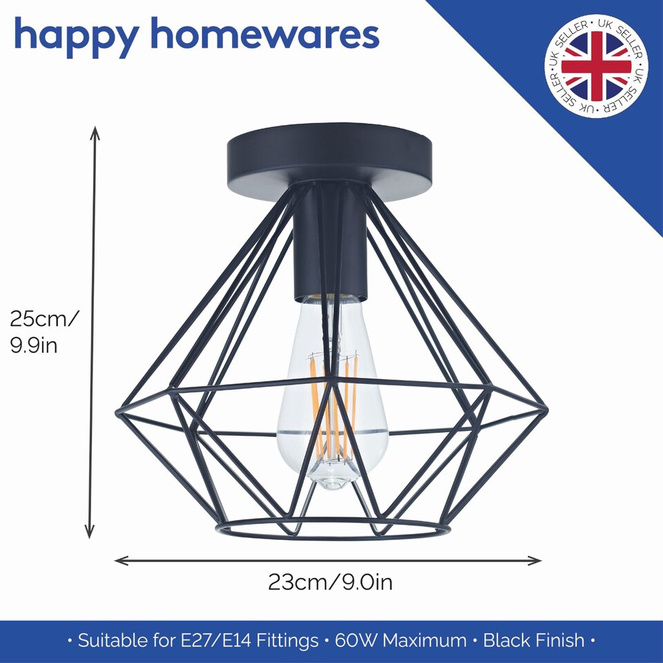 image 1 of Industrial Basket Cage Designed Matt Black Metal Semi Flush Ceiling Light | Black | Black | 1