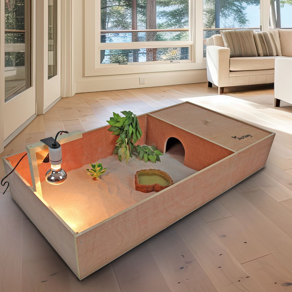 image 1 of Actiaspet - Tortoise & Small Pet Wooden House with Run & Lamp Arm (Wood, 1140 x 550 x 200mm)
