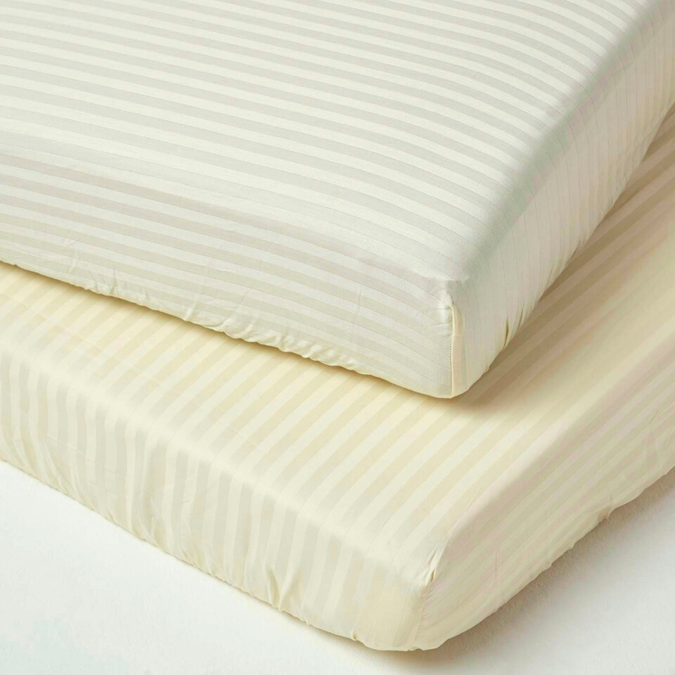 image 1 of Homescapes Yellow Cotton Stripe Fitted Cot Sheets 330 Thread Count, 2 Pack Yellow | One Size