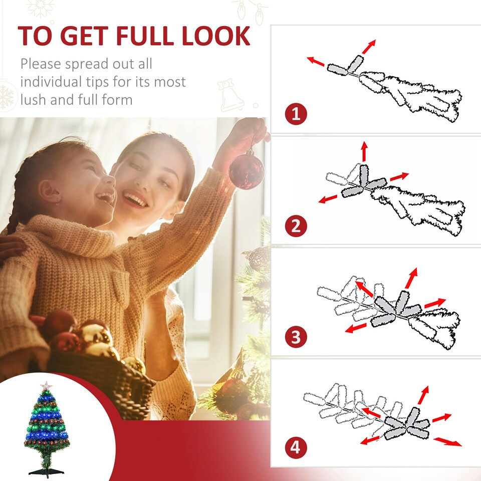 image 1 of HOMCOM 3FT Prelit Artificial Christmas Tree Fiber Optic Xmas Decoration, Green