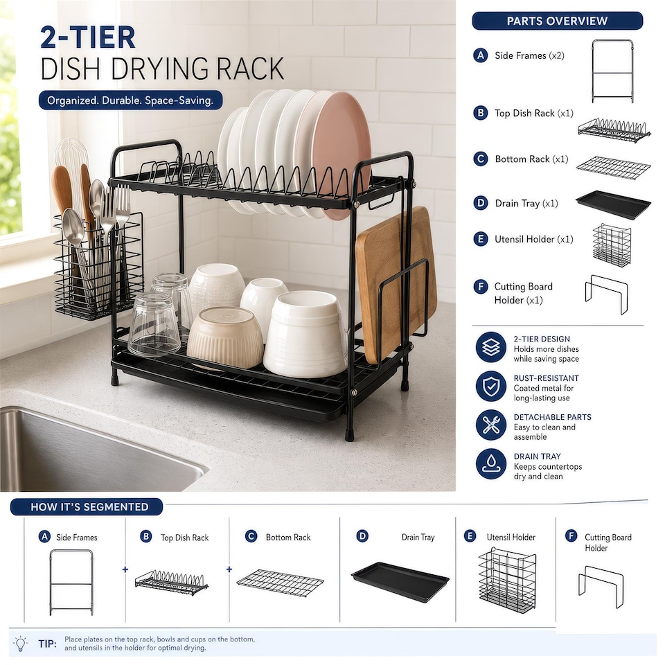 image 1 of Harbour Housewares Metal Kitchen Dish Drainer Rack 2-Tier Cutlery Holder Bowl Plate Drying Rack with Drip Tray