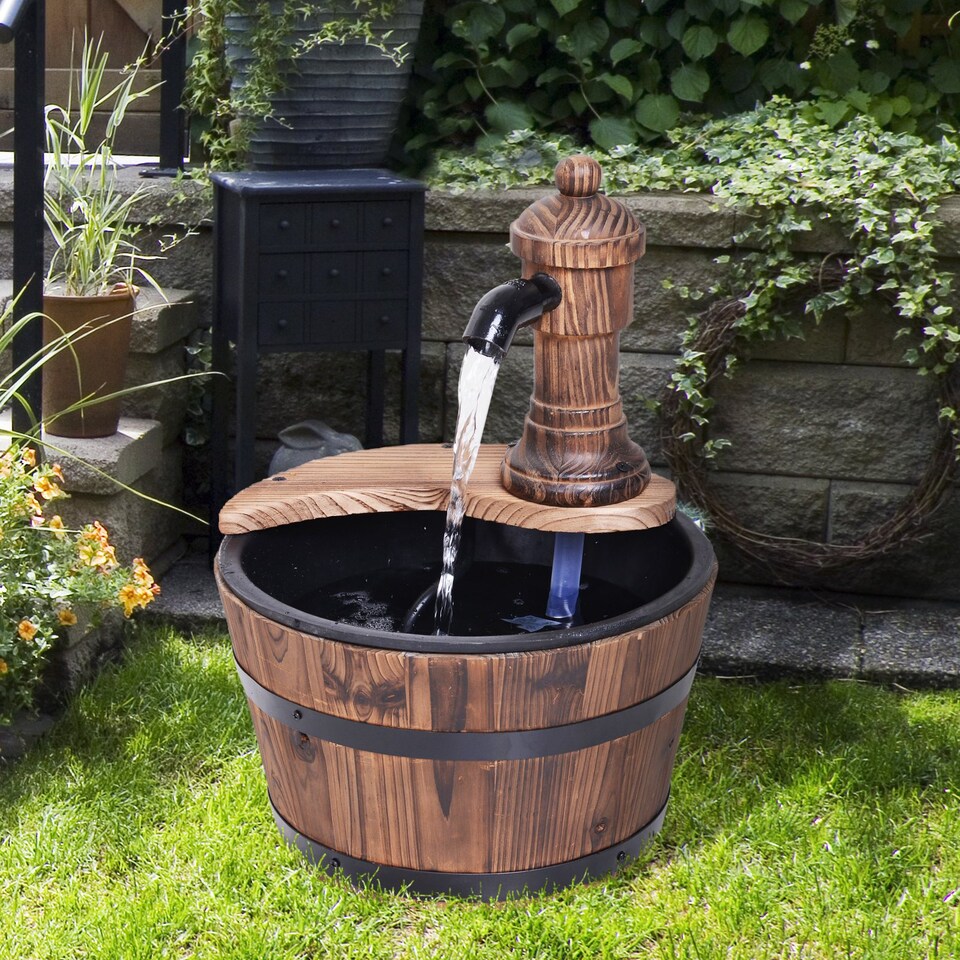 image 1 of Outsunny Garden Barrel Water Fountain Patio Wood Electric Water Feature w/ Pump