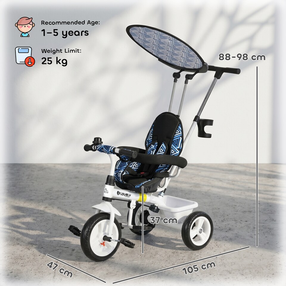 image 1 of HOMCOM 6 in 1 Kids Tricycle w/ Removable Handle for 1.5+ year, Blue