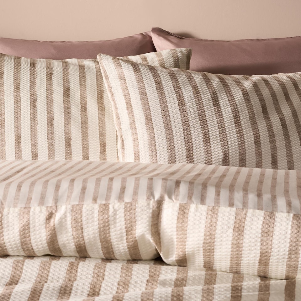 image 1 of OHS Watercolour Stripe Embossed Bedding Set Duvet Cover with Pillowcase | Brown | Stone | Super King