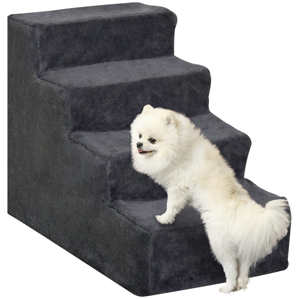 image 1 of PawHut Four-Step Portable Dog Stairs with Washable Plush Cover, Dark Grey