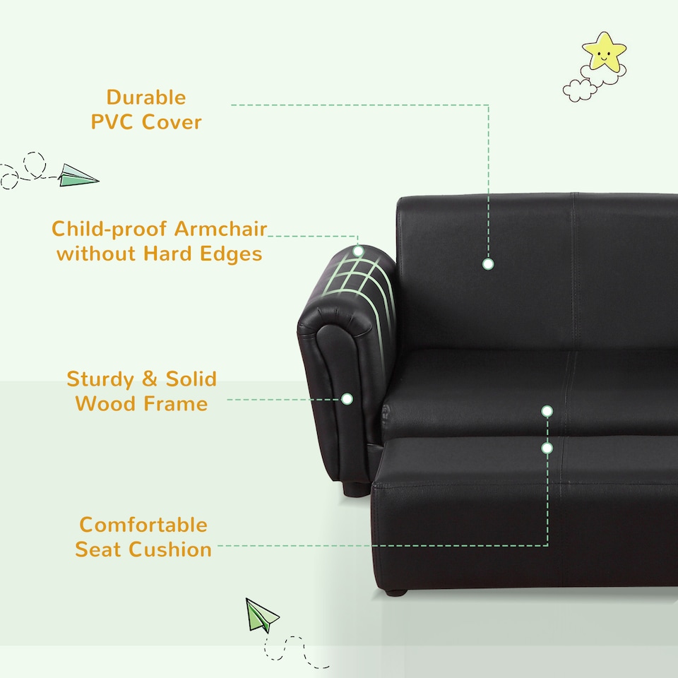 image 1 of HOMCOM Kids Twin Sofa 2 Seater Toddler Chair Double Seat Armchair w Footstool | Black | One Size