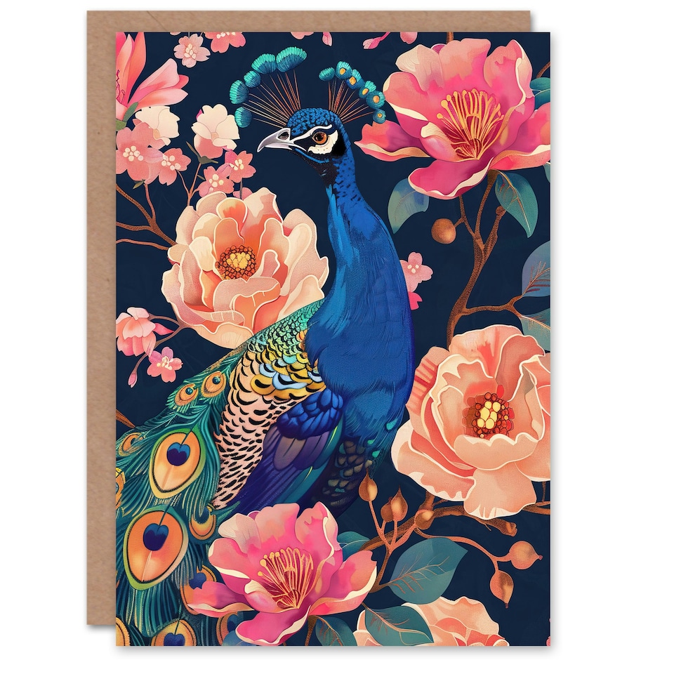image 1 of Bird Pink Flower Pattern Design Peacock Him Her Birthday Card